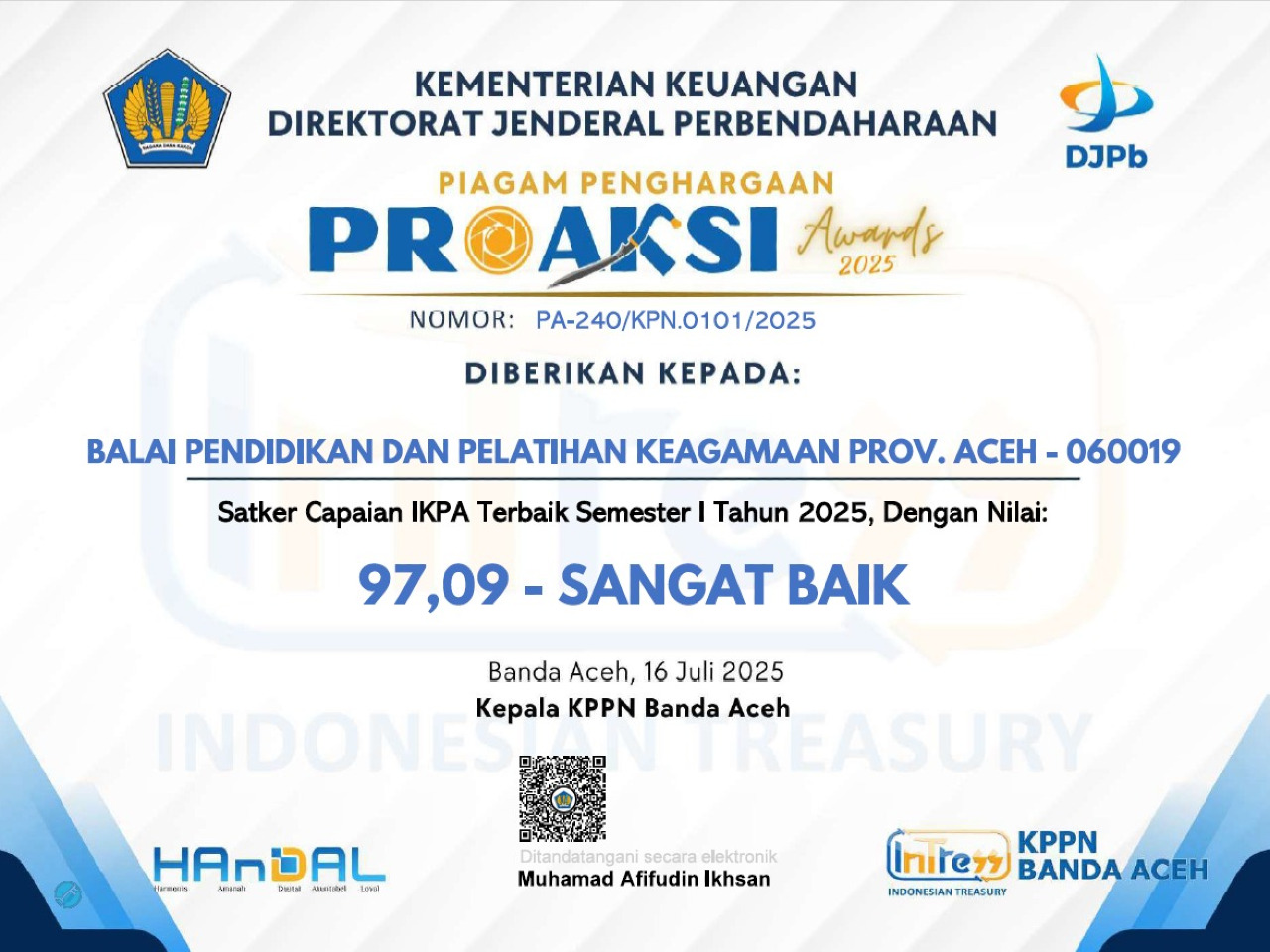 BDK Aceh Raih PROAKSI Award 2025, Bukti Kinerja Anggaran Sangat Baik