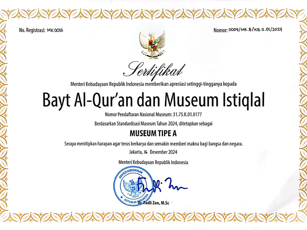 BQMI Raih Sertifikat Museum Tipe A dari Menteri Kebudayaan RI